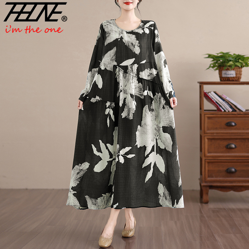 Dresses for Women 2026 Autumn Winter Maxi Long Sleeve Vestidos Largos Feminino Robe Boho Casual Floral Loose Cotton Linen