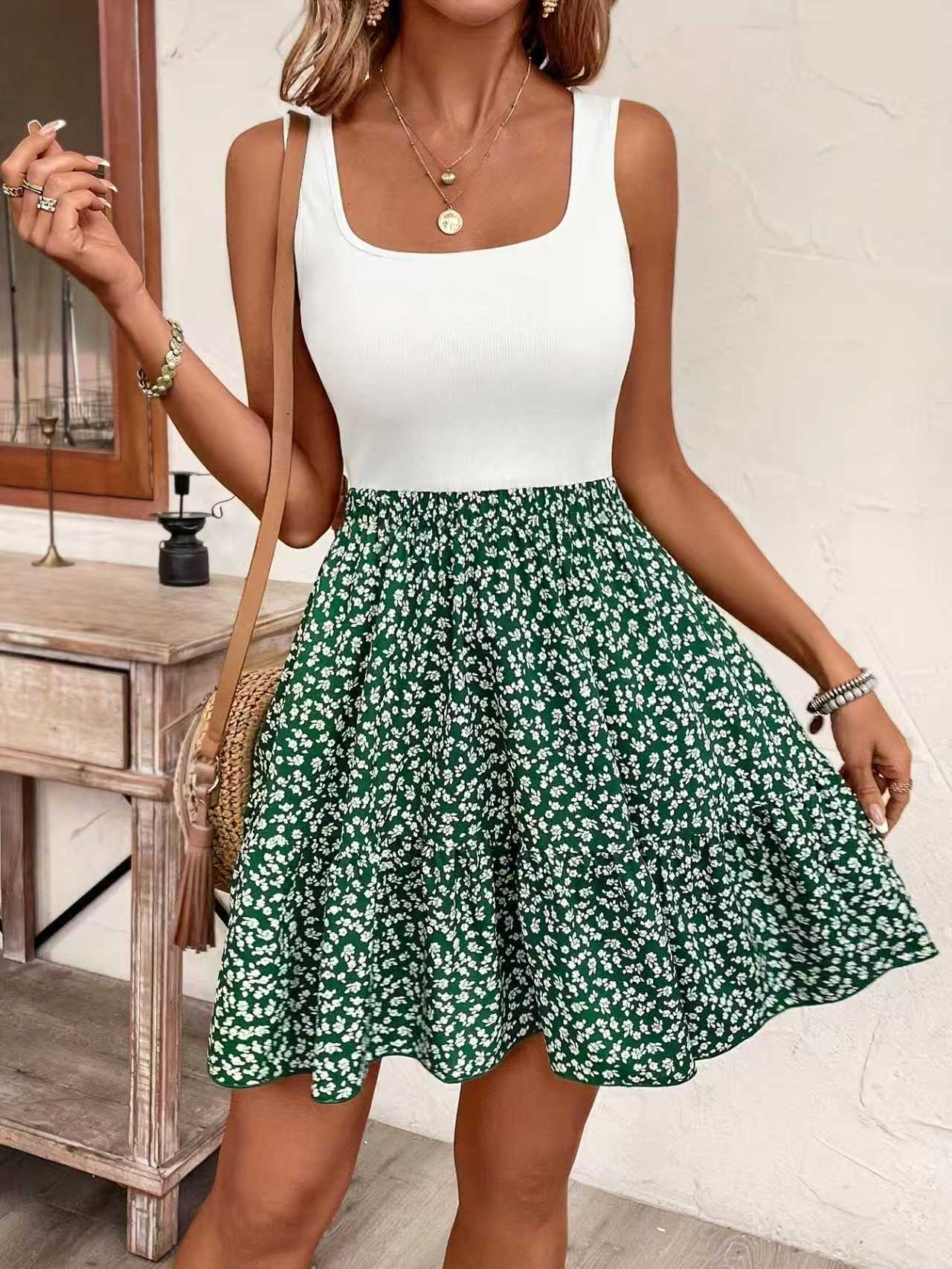 Summer women's fashionable and elegant square neck sleeveless printed casual vacation dress