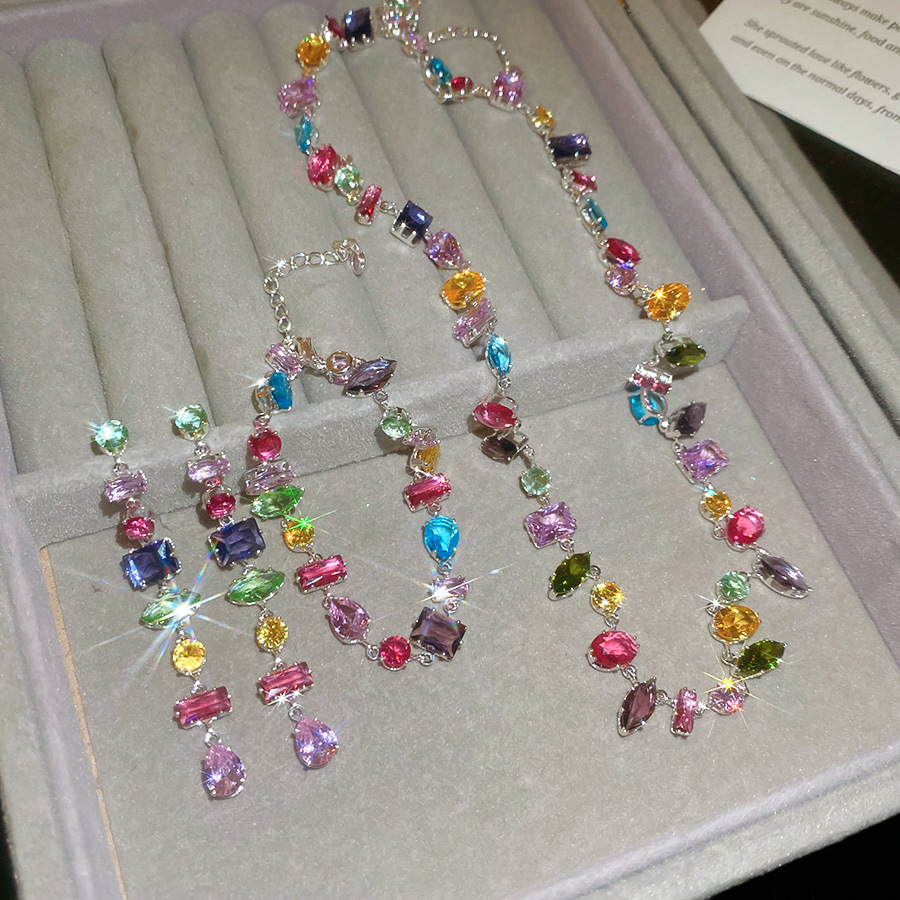 New Colorful Crystal Necklace Bracelet Chain for Women Elegant Clavicle Chain Irregular Zircon Necklace Party Jewelry Sets Gifts