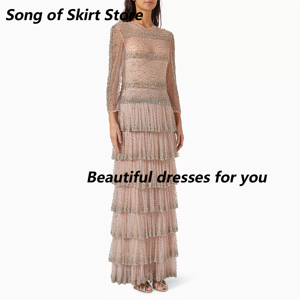 Sparkling Bead Evening Dress Customized O-Neck Long Sleeves Tiered Illusion Tulle Robe De Soiree Luxury A Line Prom Gown Pageant