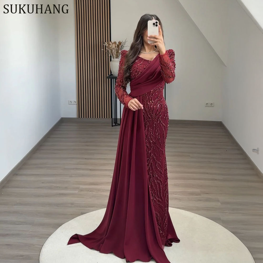 SUKUHANG Dubai فساتين سهرة Long Sleeve Mermaid Beaded Evening Dresses Vestidos De Festa prom Gowns Customized
