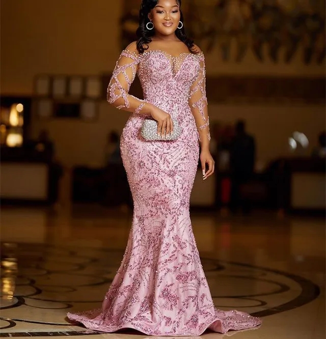 Pink African American Prom Dresses Mermaid Long Sleeves Lace Beaded Black Girls Nigeria Robe De Soiree Evening Gown Customized