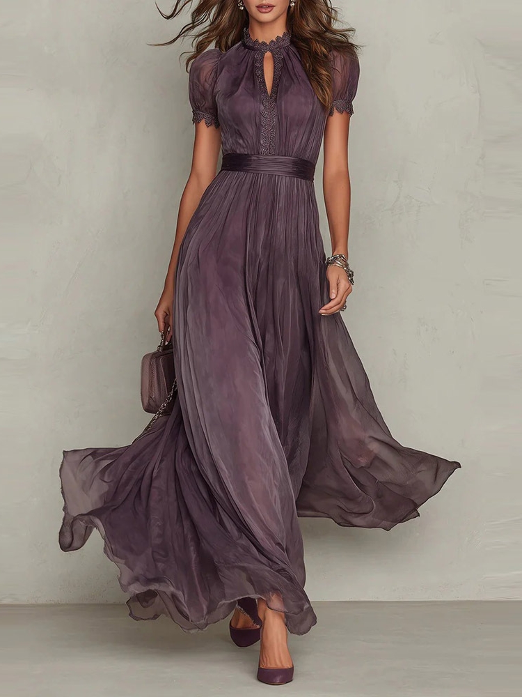 שמלת תחרה וינטג'ית neckline גבוה קפלים מסיבה שרוול קצר מקסי