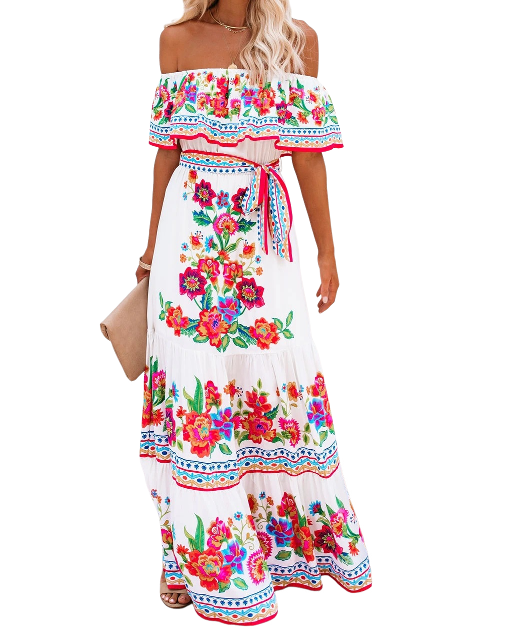 Mexican Dress for Women Off Shoulder Floral Print Maxi Dress Summer Sleeveless Casual Party Beach  for Halloween Party