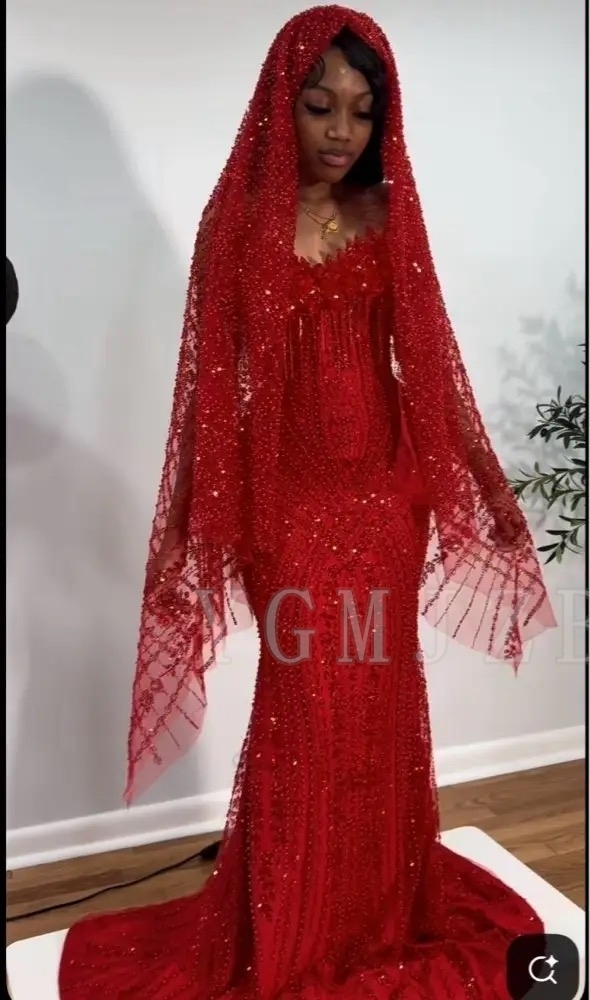Red Prom Dresses 2026 Luxury Black Girls Beaded Diamond Head Covering African Evening Gowns Birthday Dress For Special Occasions