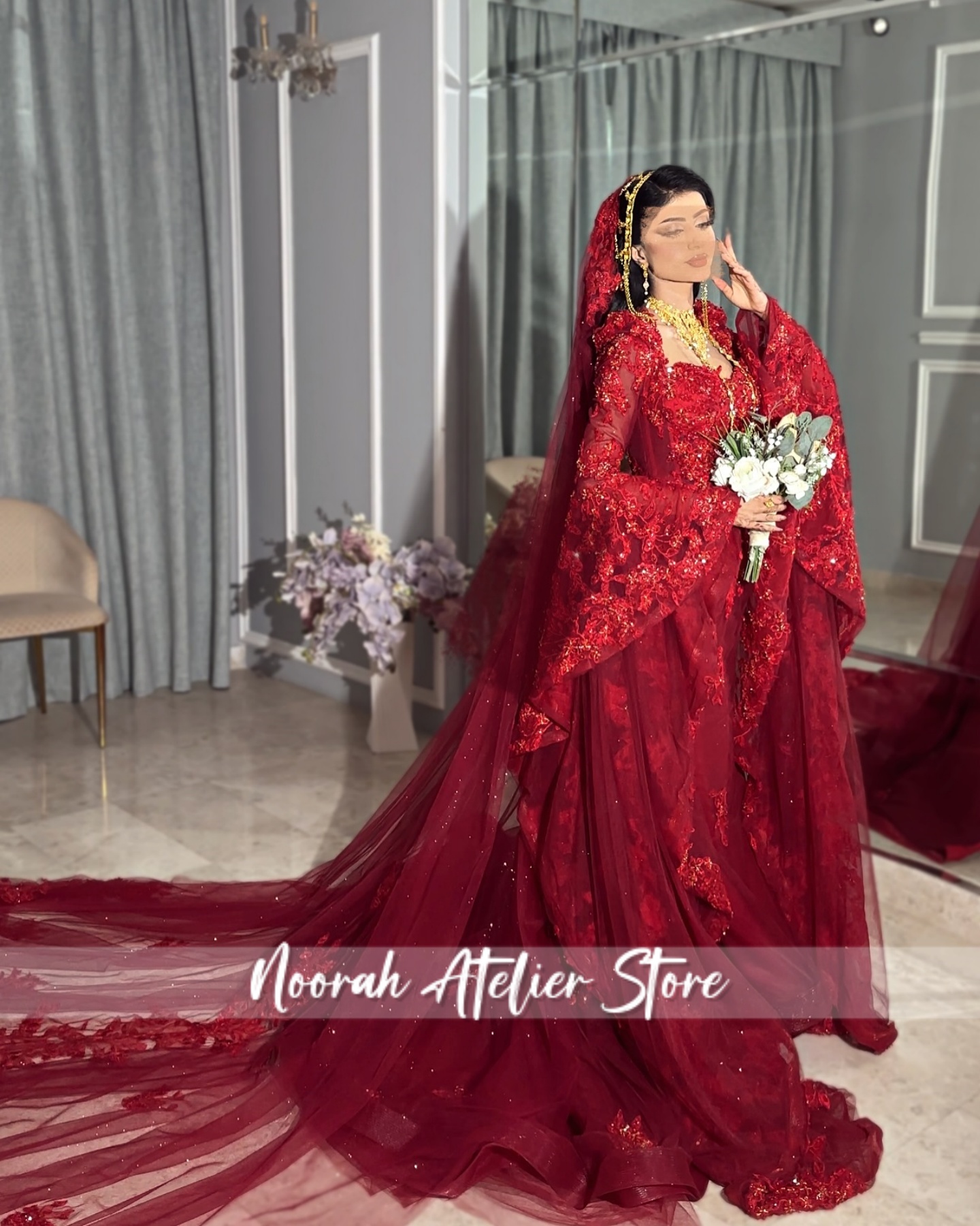 Red Appliques Long Sleeves Dubai Luxurious Women’s Wedding Dresses 2026 Train Vestido De Noiva Tulle Robe De Mariée Customized