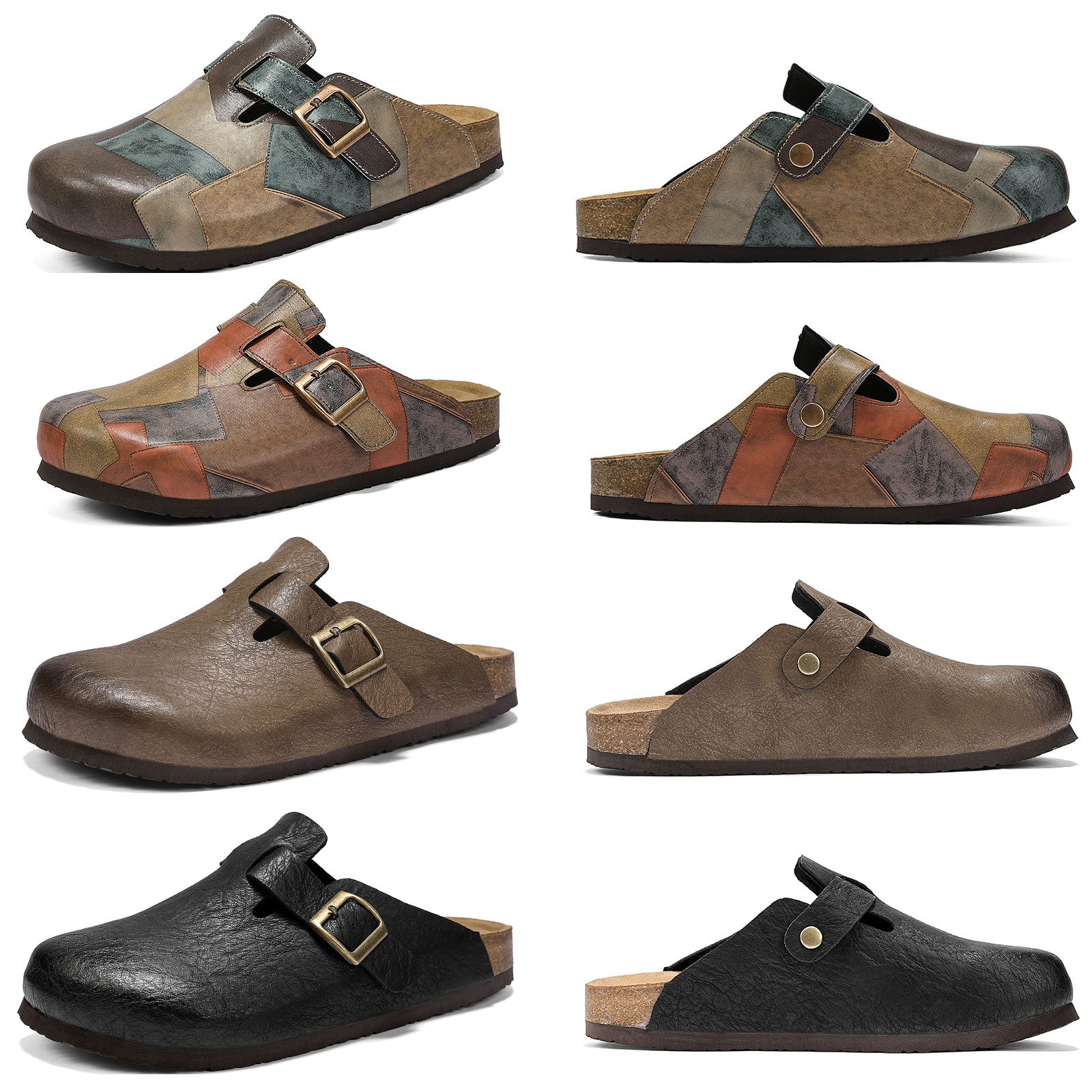 Patchwork Leather Comfort Clogs Unisex Cork Footbed Slippers Backless Sandals with Adjustable Buckle Closed Toe Slip-on Slides