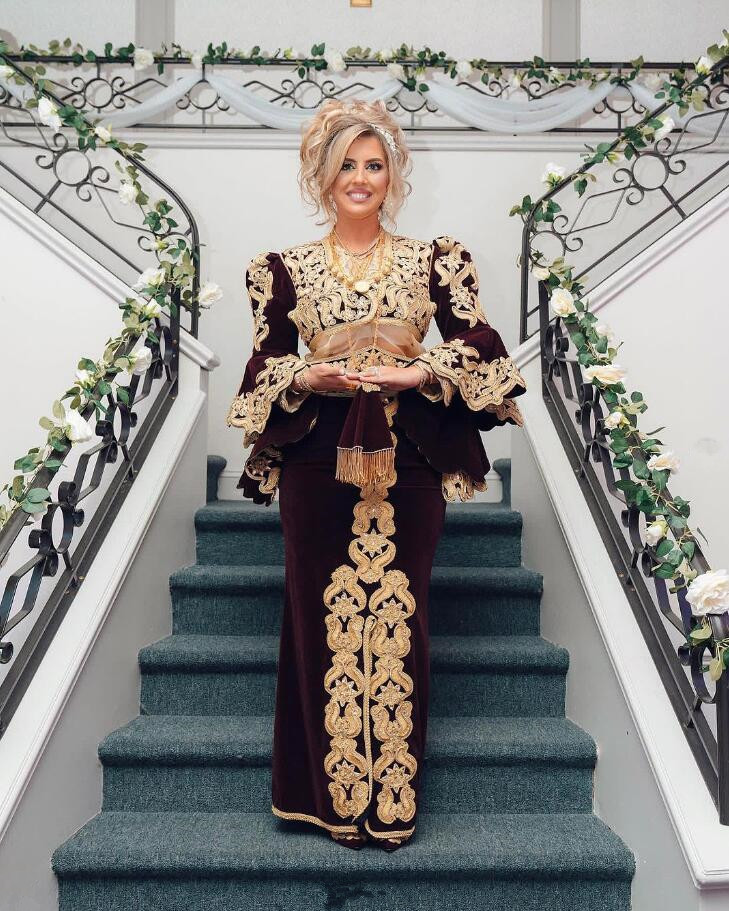 Burgundy Velvet Arabic Caftan Evening Dresses customsized Gold Applique Long Sleeve samt kleid damen Prom Gown Albania kaftan