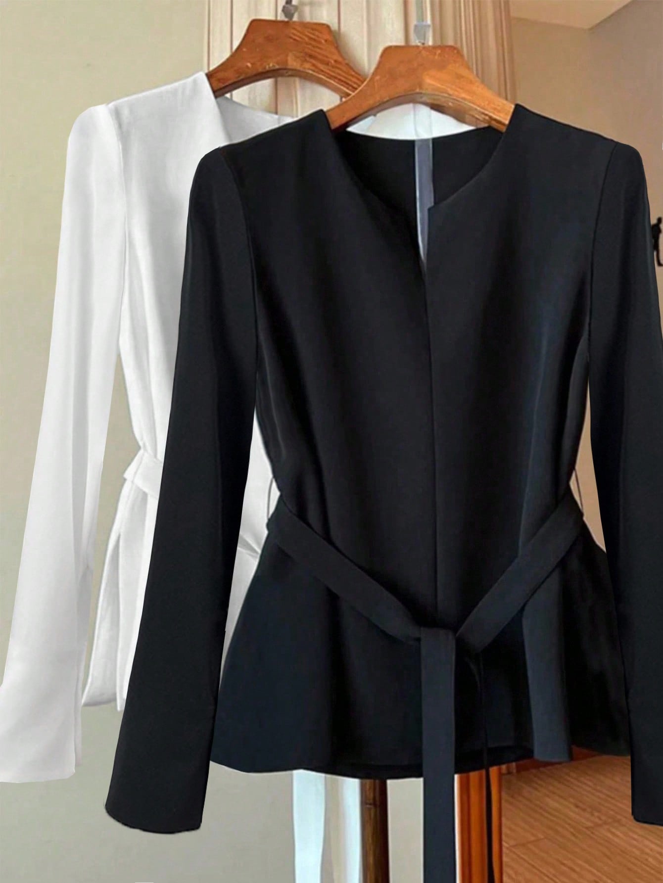 Minimalist Black Long Sleeve Blouse Collarless Tie Waist Split Hem Casual Daily Wear Top