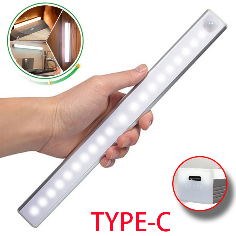 Luz LED nocturna inalámbrica con Sensor de movimiento, luz recargable tipo C para armario, lámpara de armario, retroiluminación de escalera para cocina LED