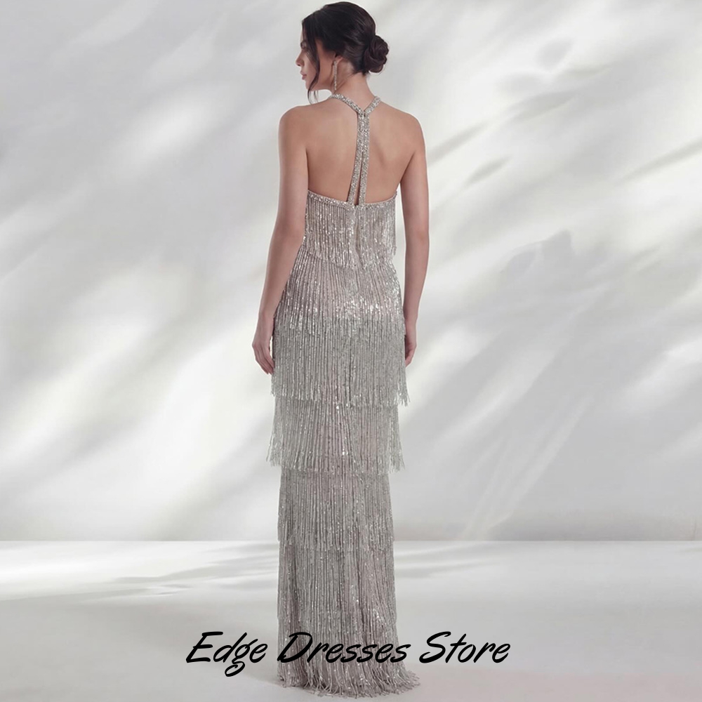 Fashion Customized Halter Evening Dress Elegant Straight Sleeveless Celebrity Gown with Tassel Charming Crystal Vestido De Noche
