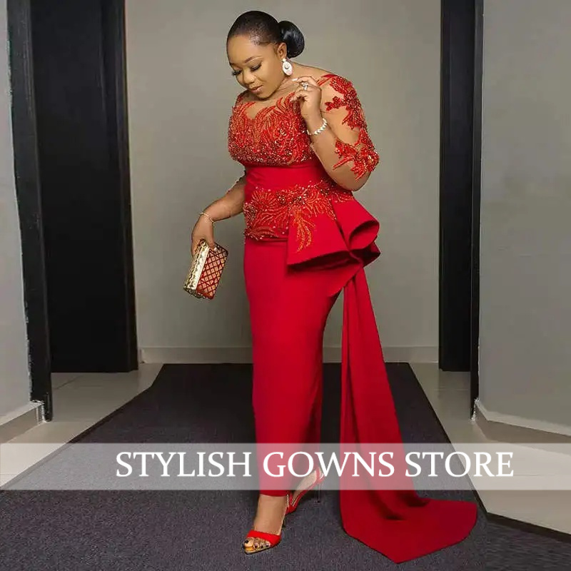 Gorgeous Formal Gowns Red Beading Evening Dresses Applique abendkleider Peplum Evening Dress with Sleeve Overlay abito da sera