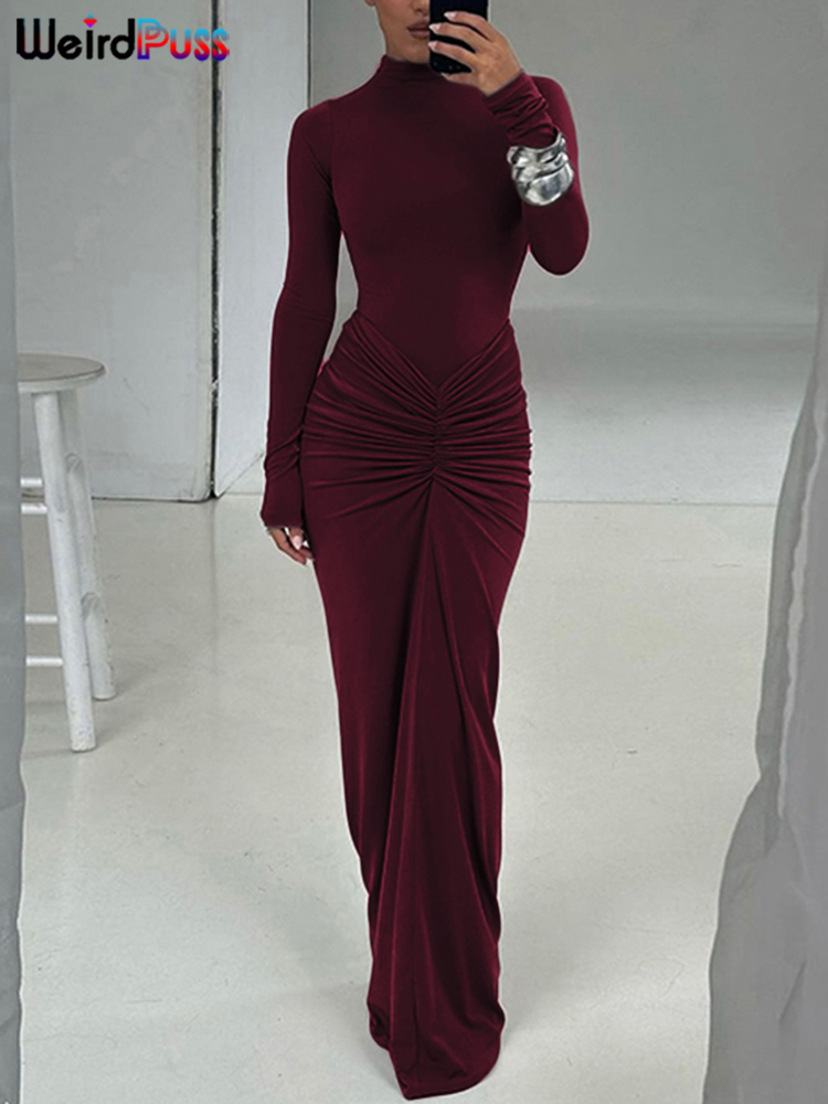 Weird Puss Hipster Ruched Dress Women o-NeckFull Sleeve  Skinny Stretch Robe Autumn Trend Simple Classic Pleats Long Bodycon