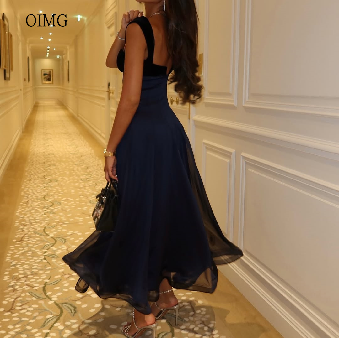 OIMG Modern Navy Blue Wide Straps A Line Prom Gowns Backless Party Gown Floor Length Evening Dress vestidos de festa Customized