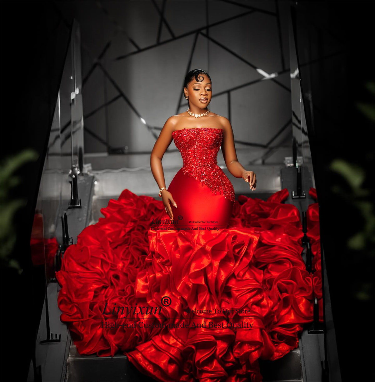 Aso Ebi Sequins Beaded Mermaid Prom Dress Formal African Ruffles Robe De Soiree Customized Sleeveless Long Evening Party Gown