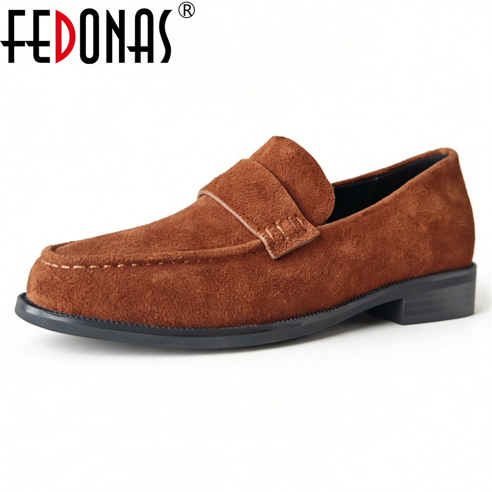 FEDONAS Fashion Women Cow Suede Loafers Thick High Heels Punk Pumps Soft Leather Round Toe Casual Shoes Woman Office Pumps