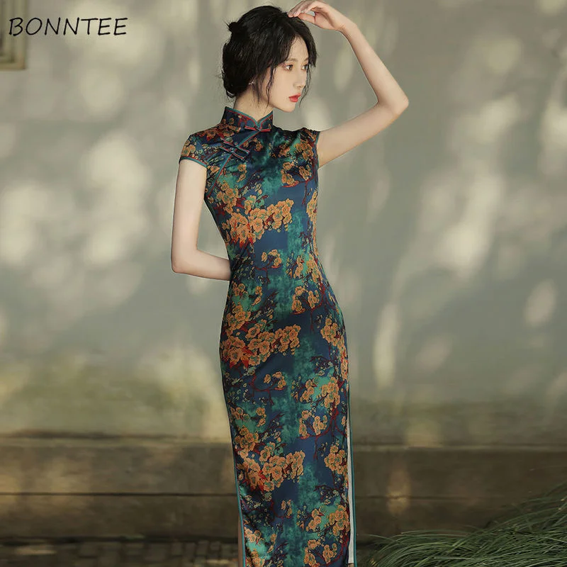 Short Sleeve Dresses Women Chinese Style Elegant Summer Printing Retro Basic Design Fashion Vestido Feminino Sexy Slim Lovely