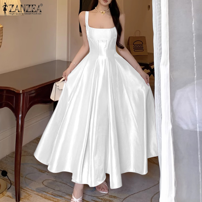 ZANZEA Women's Silky Satin Wedding Guest White Maxi Dress Elegant Square Neck Sleeveless Evening Gown Graceful Party Robes Femme