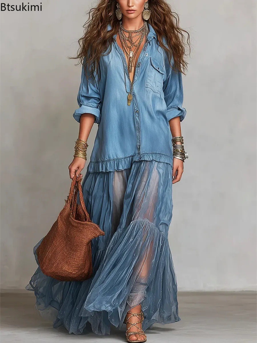 New 2026 Women's Denim Maxi Dress Mesh Splice Long Sleeve Turn Down Collar Single-breasted Belted Organza Hem Casual Elegant