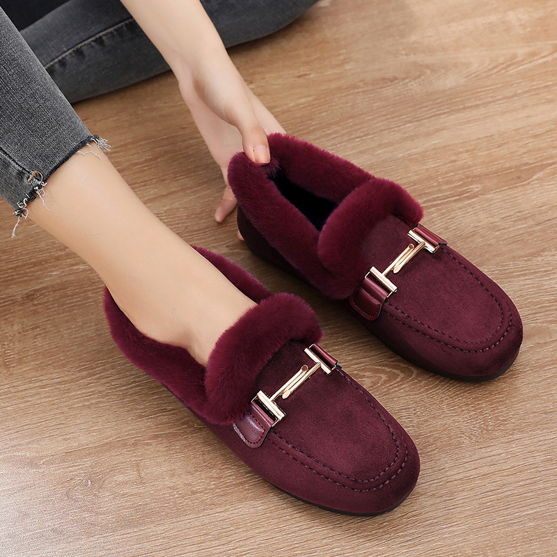 Plus Size Women Shearling Flats Furry Lambswool Mocasines Mujer Warm Cotton Shoes Ladies Slip On Sheep Fur Lined Loafers Winter