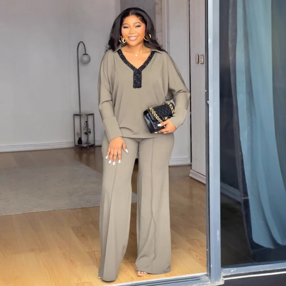 V-neck Long-sleeved Homewear Suit Womens Long-sleeved Loose Wide-leg Trousers 2 Piece Set Autumn Conjuntos Deportivos Para Mujer